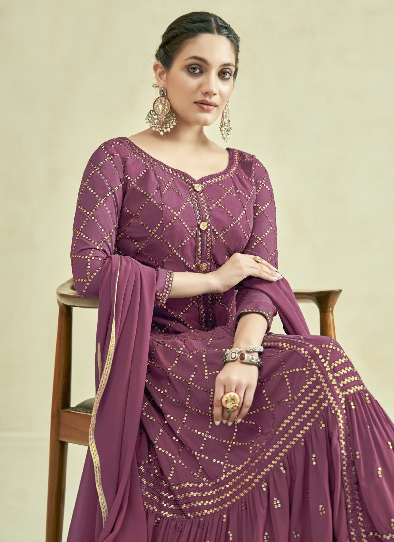 Purple Georgette Anarkali Suit With Sequins Work-2