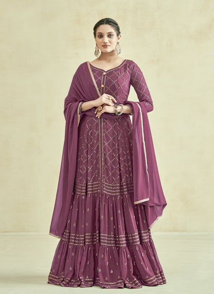 Purple Georgette Anarkali Suit With Sequins Work