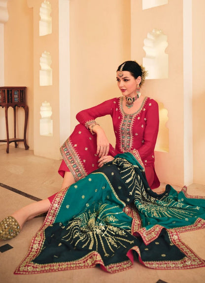 Red Palazzo Salwar Suit With Heavy Embroidery Work