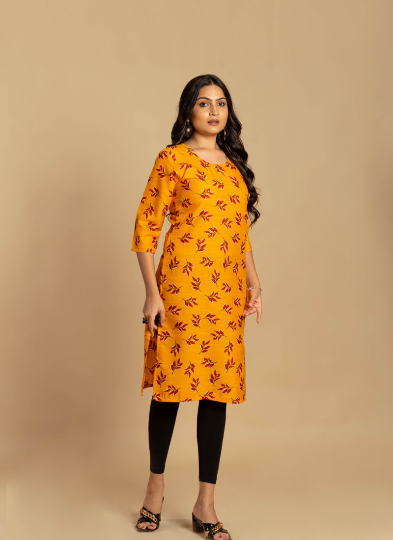 Yellow Soft Crape Printed Kurti