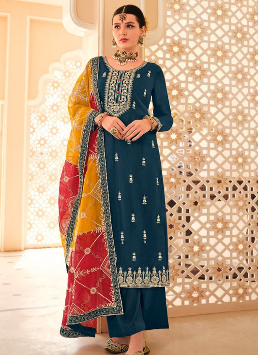 Teal Blue Palazzo Salwar Suit With Heavy Embroidery Work