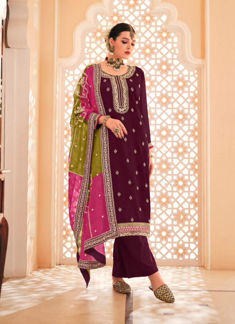 Wine Palazzo Salwar Suit With Heavy Embroidery Work