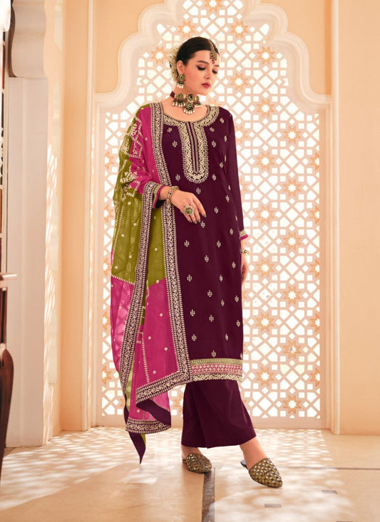 Wine Palazzo Salwar Suit With Heavy Embroidery Work