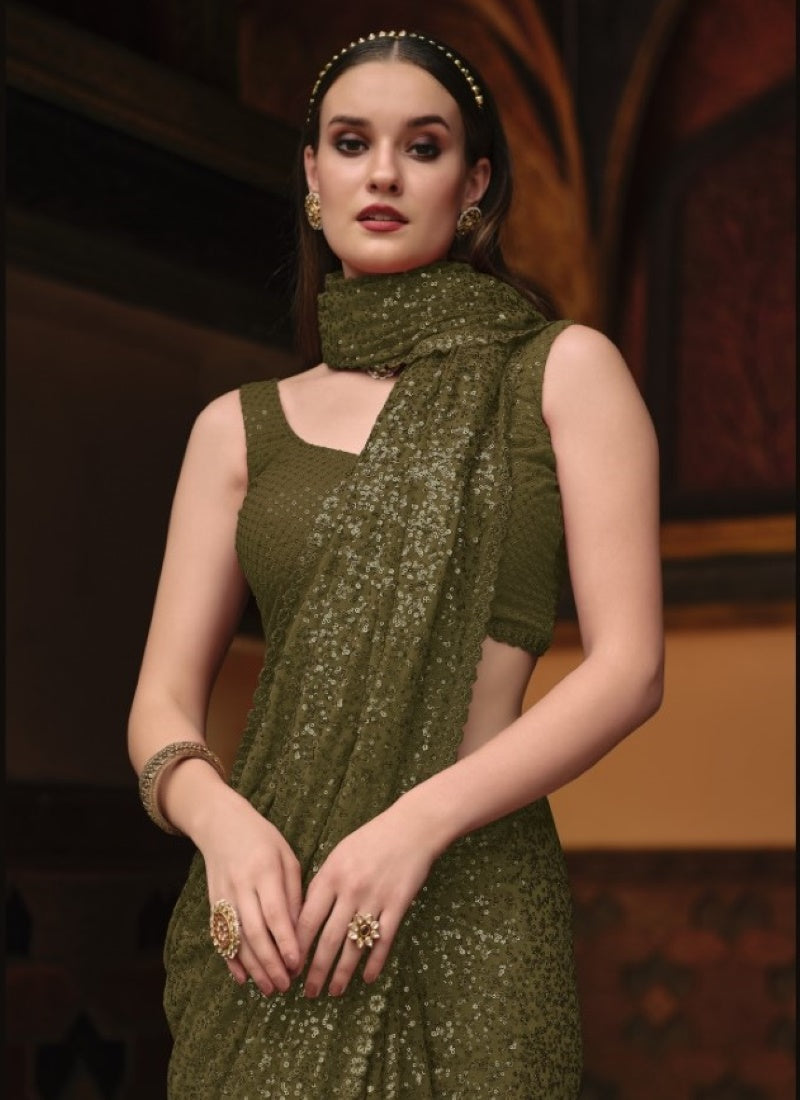 Olive Green Georgette Party Wear Saree With Thread and Sequins Work-2