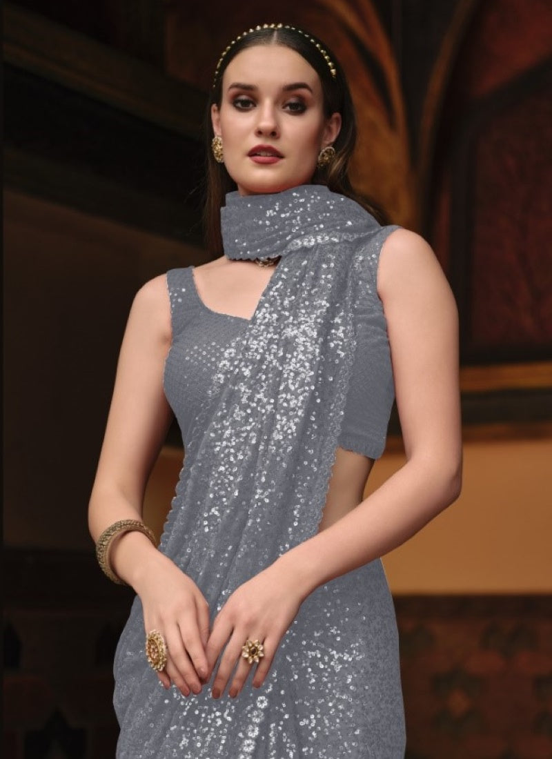 Gray Georgette Party Wear Saree With Thread and Sequins Work-2