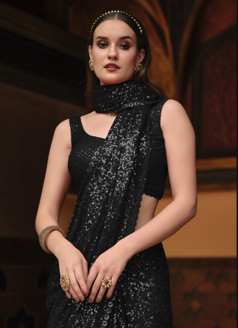 Black Georgette Party Wear Saree With Thread and Sequins Work-2