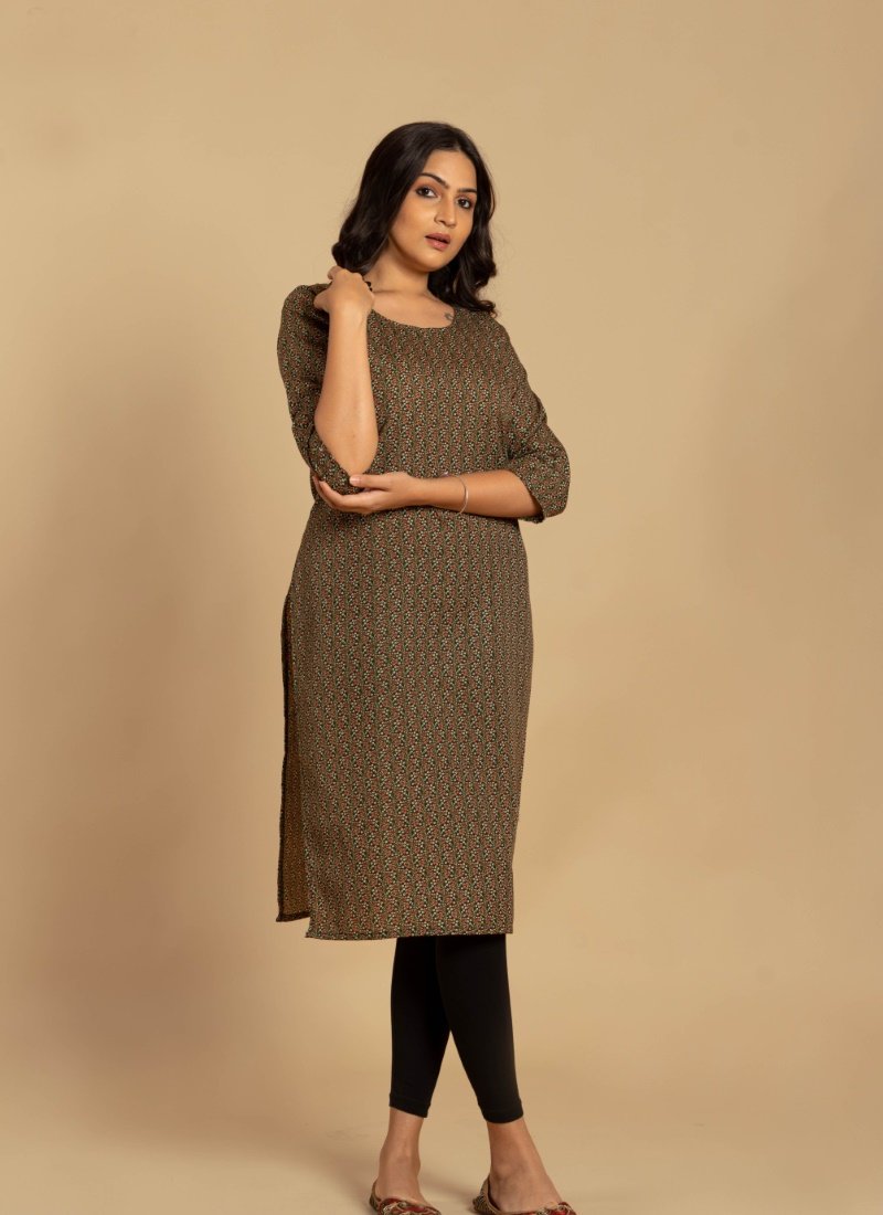 Brown Cotton Printed Kurti