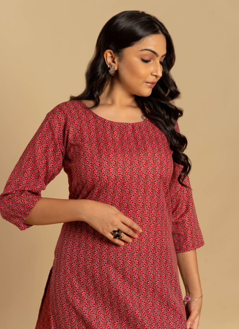 Maroon Cotton Printed Kurti-2