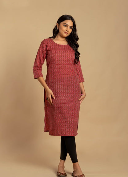 Maroon Cotton Printed Kurti