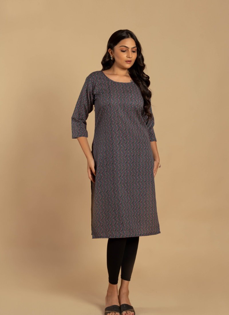 Blue Cotton Printed Kurti