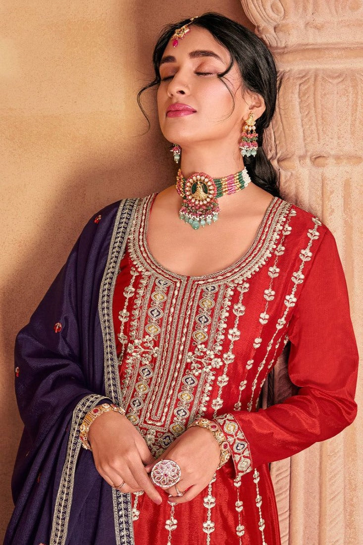 Red Palazzo Salwar Suit With Heavy Embroidery Work