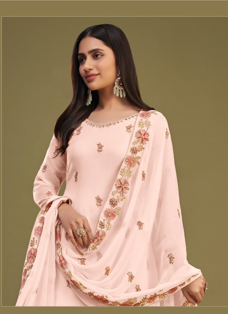 Peach Georgette Sharara Suit With Thread Work-2