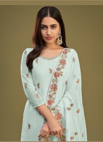 Sky Blue Georgette Sharara Suit With Thread Work-2