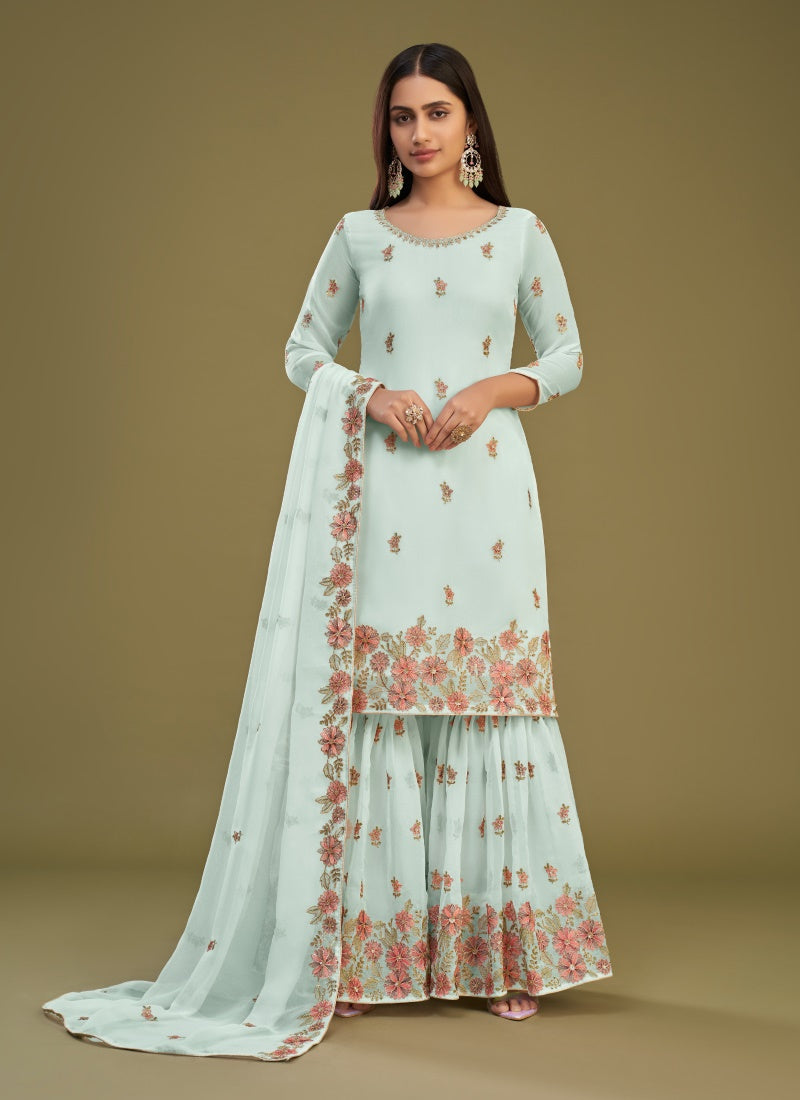 Sky Blue Georgette Sharara Suit With Thread Work