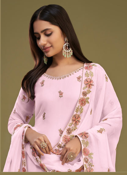 Pink Georgette Sharara Suit With Thread Work-2