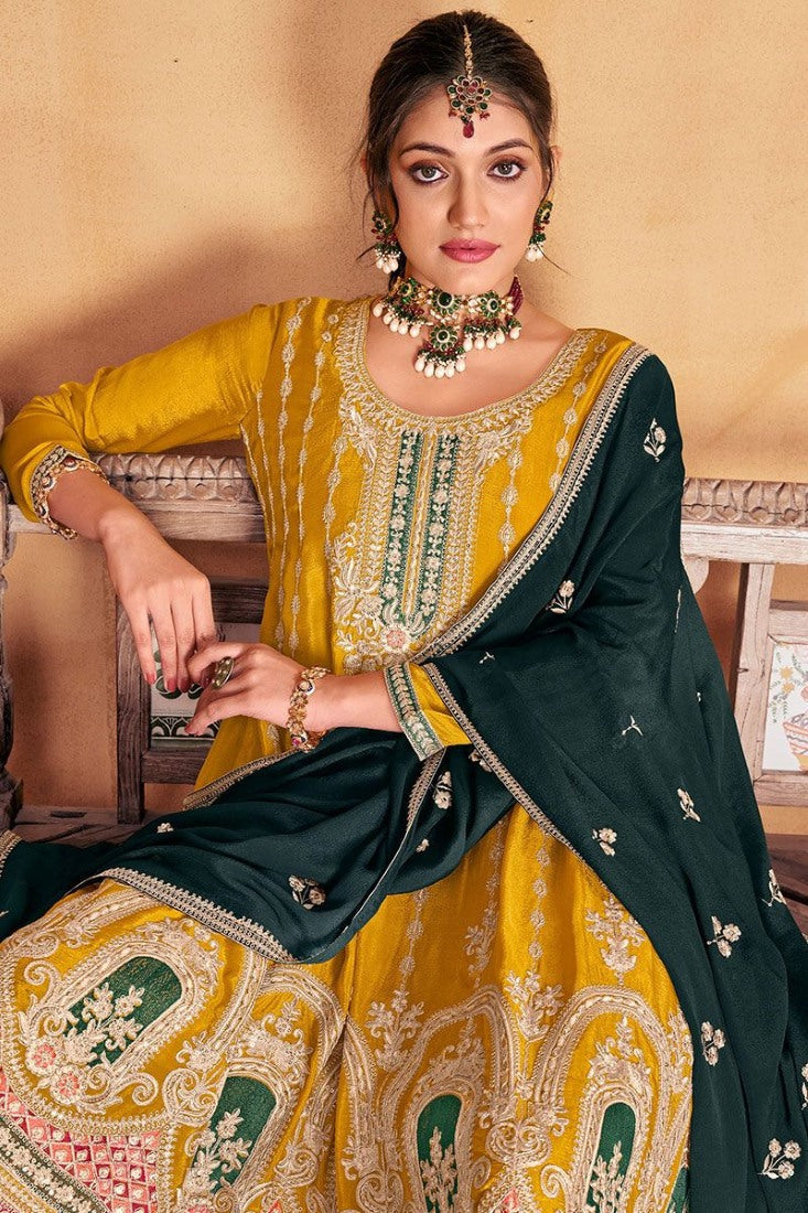 Yellow Palazzo Salwar Suit With Heavy Embroidery Work