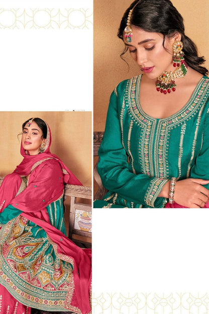 Sea Green Palazzo Salwar Suit With Heavy Embroidery Work