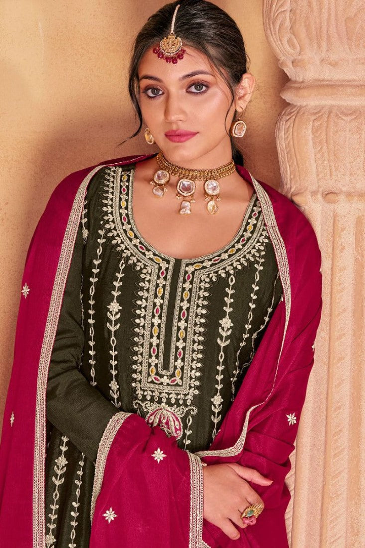 Olive Green Palazzo Salwar Suit With Heavy Embroidery Work