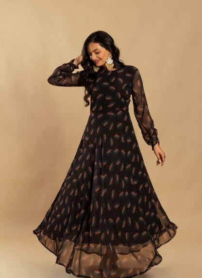 Black Georgette Digital Print Indo Western Gown