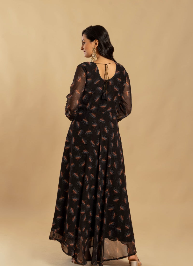 Black Georgette Digital Print Indo Western Gown-2