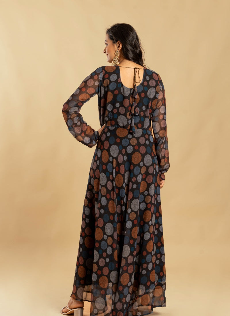 Black Georgette Digital Print Indo Western Gown-2