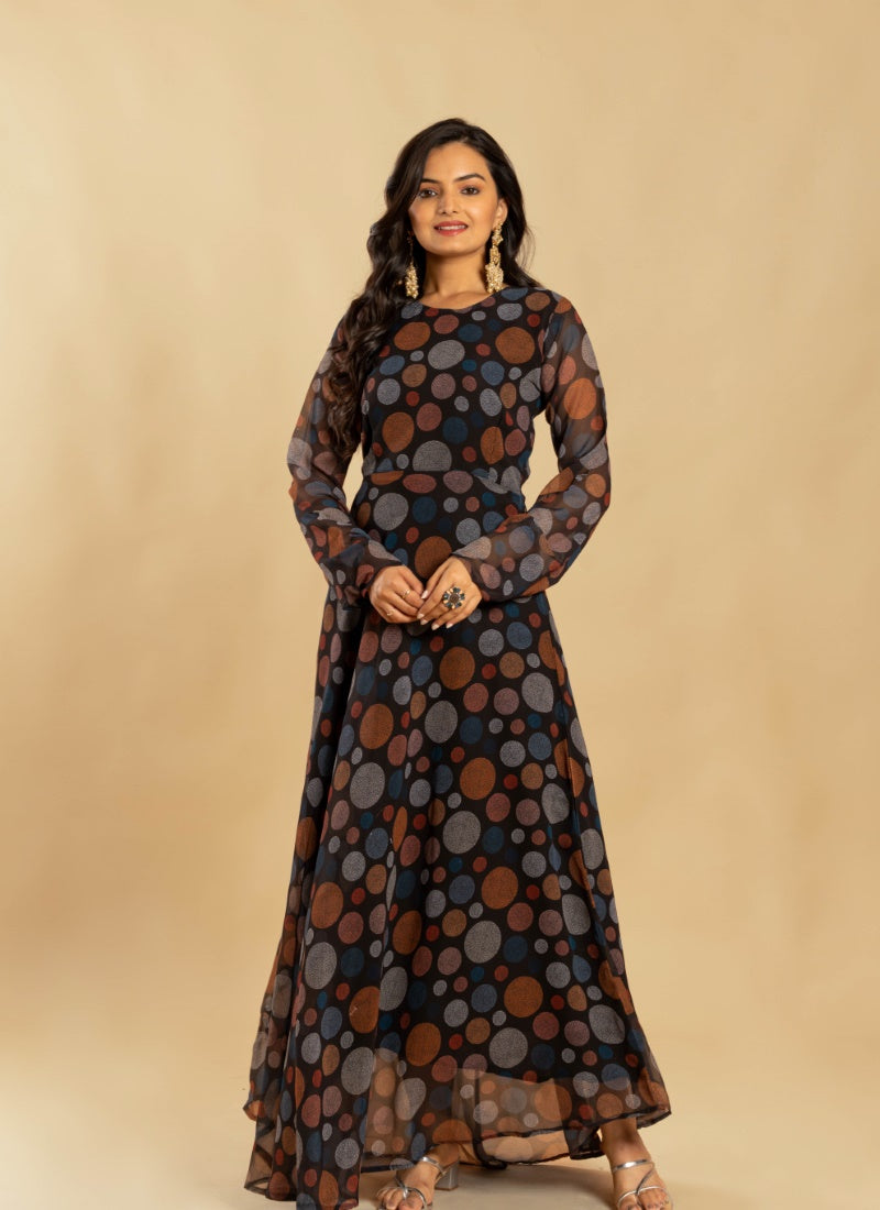 Black Georgette Digital Print Indo Western Gown