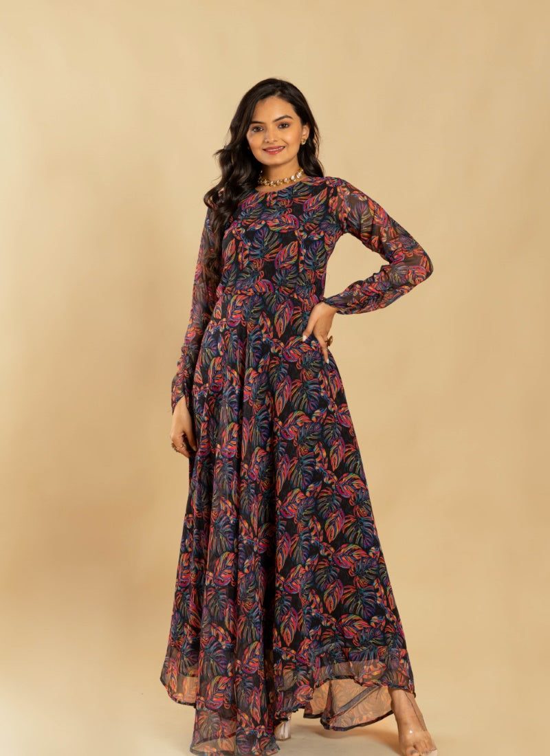 Black Georgette Digital Print Indo Western Gown