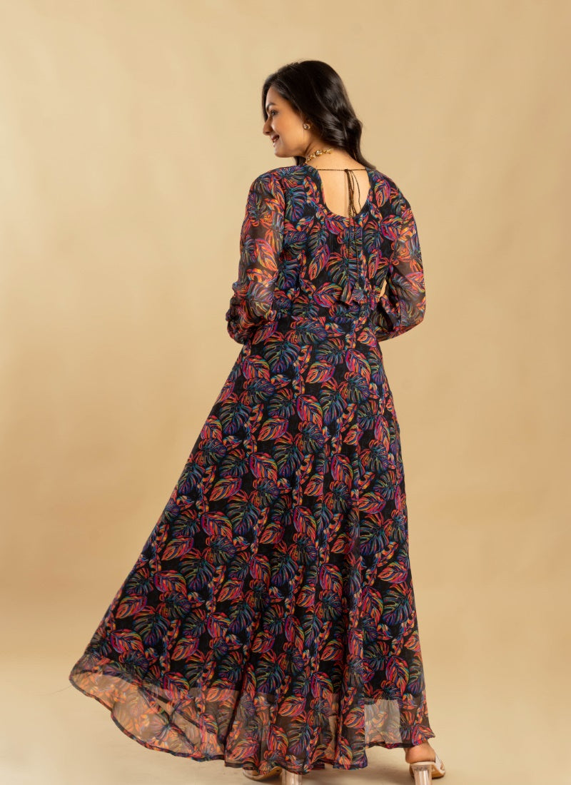 Black Georgette Digital Print Indo Western Gown-2