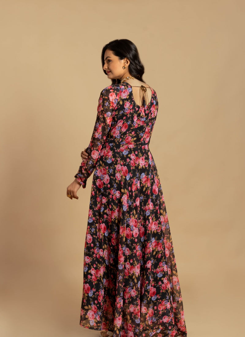 Black Georgette Digital Print Indo Western Gown-2