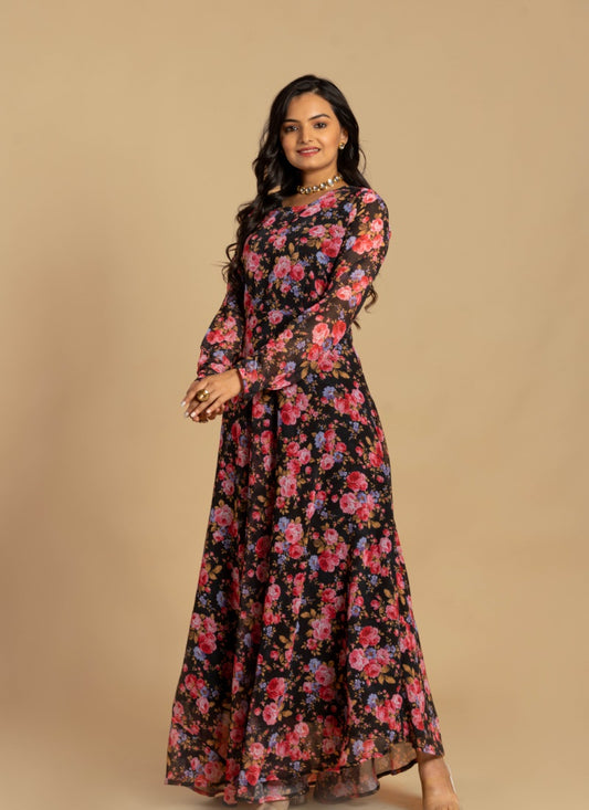 Black Georgette Digital Print Indo Western Gown