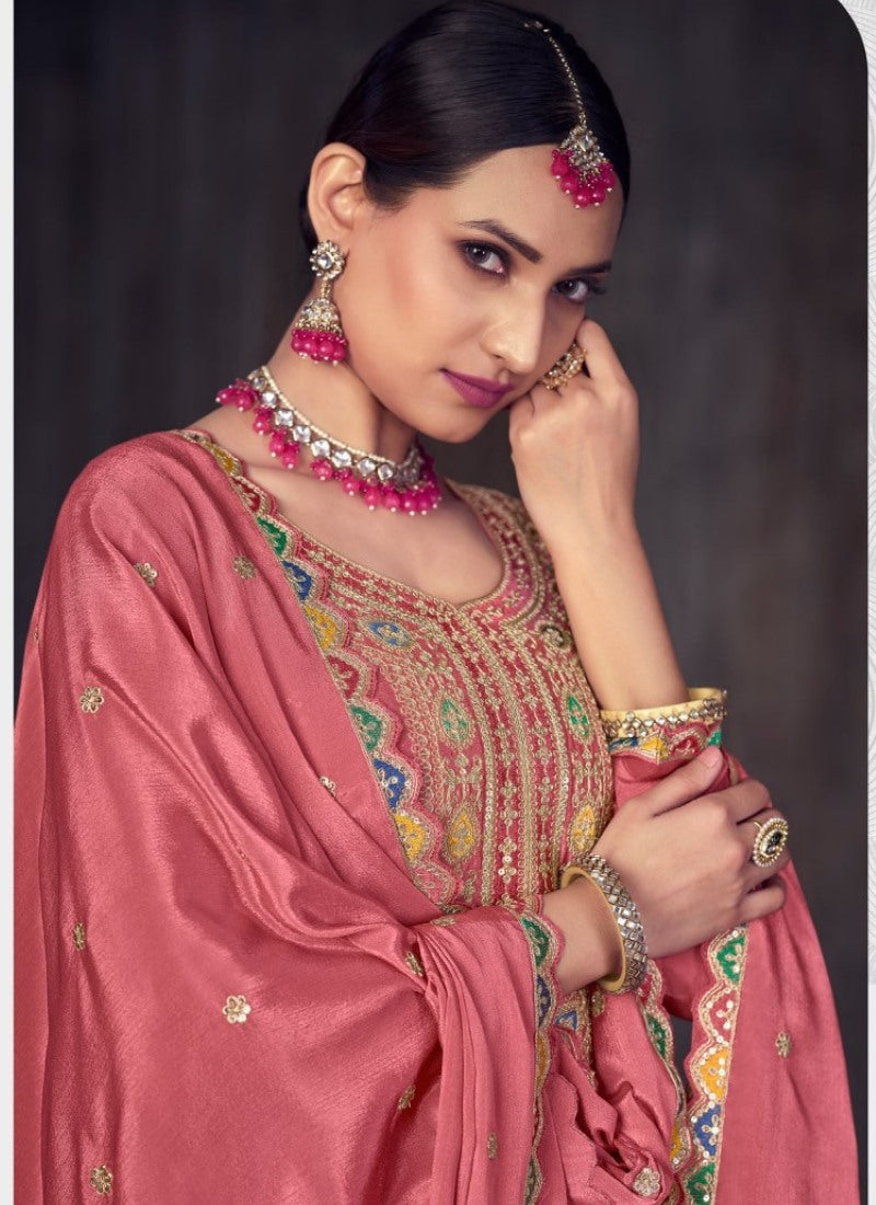 Pink Indo Western Long Choli Lehenga With Embroidered Work