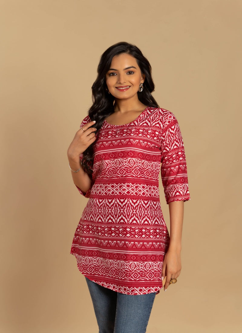 Magenta Crepe Printed Short Kurti