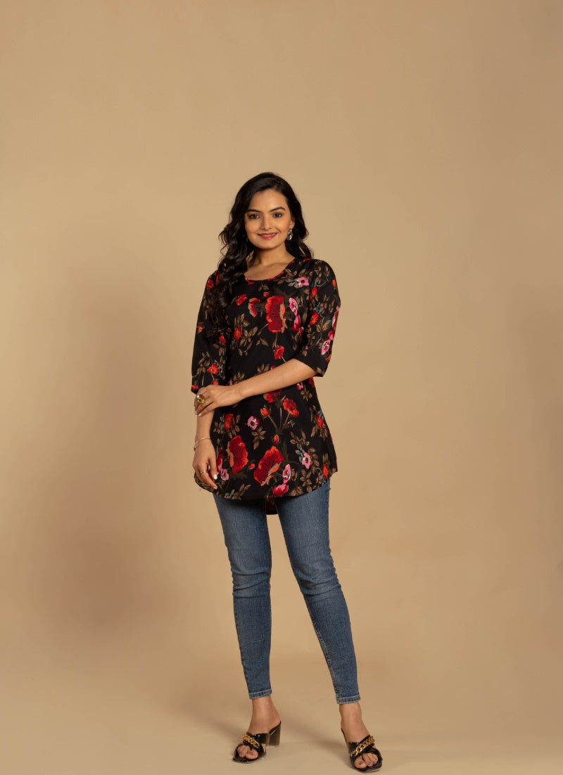 Black Crepe Printed Short Kurti-2