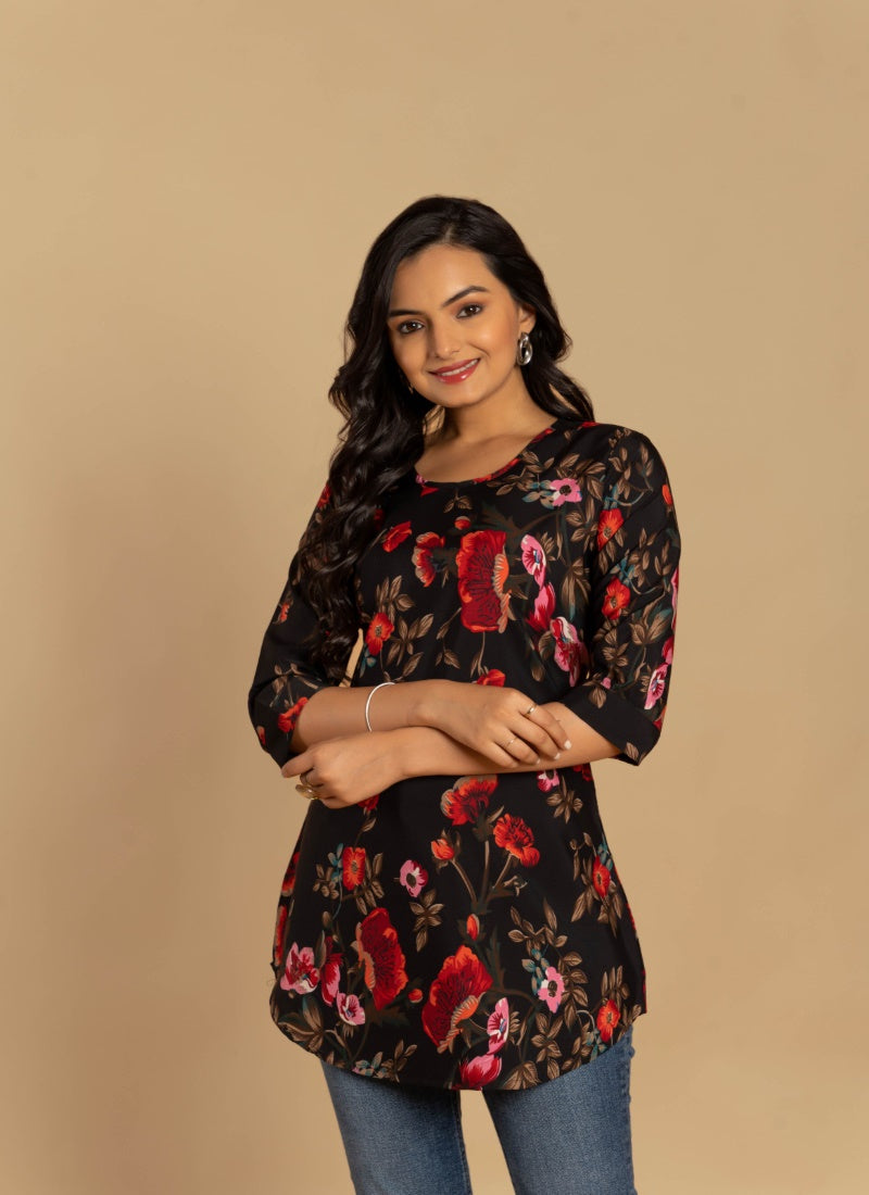 Black Crepe Printed Short Kurti