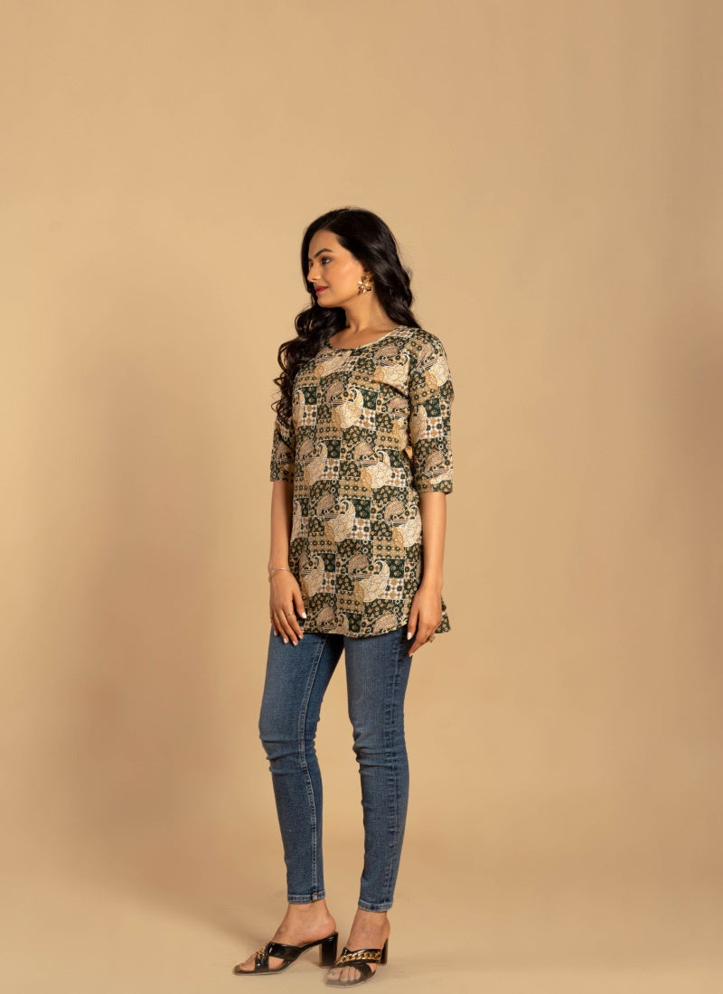 Green Crepe Printed Short Kurti-2