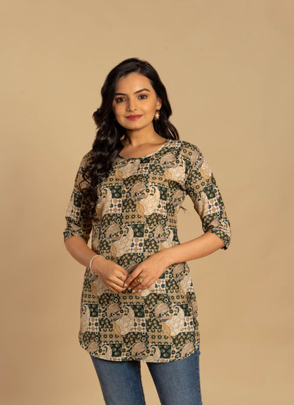 Green Crepe Printed Short Kurti