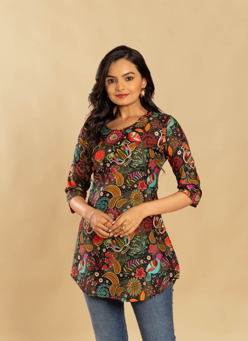 Multi Color Crepe Printed Short Kurti