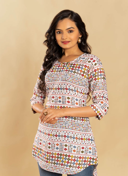 Multi Color Crepe Printed Short Kurti