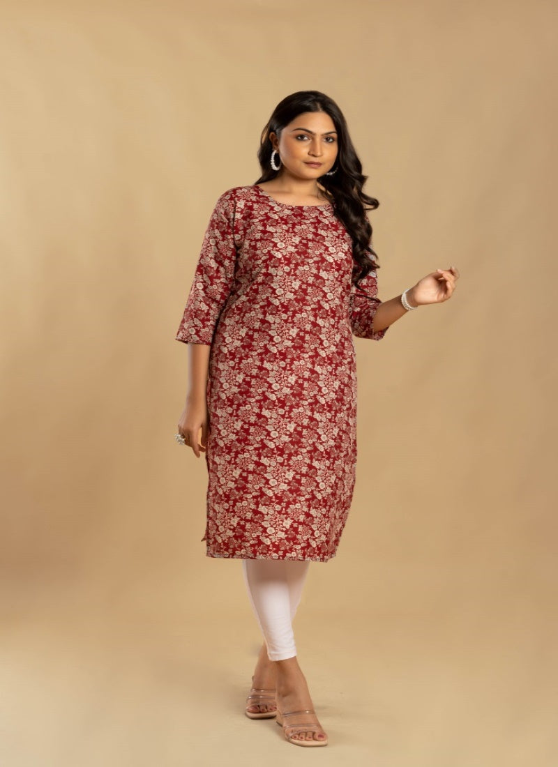 Maroon Cotton Printed Kurti