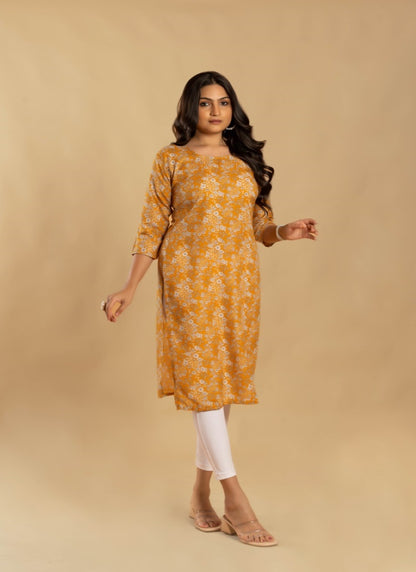 Yellow Cotton Printed Kurti