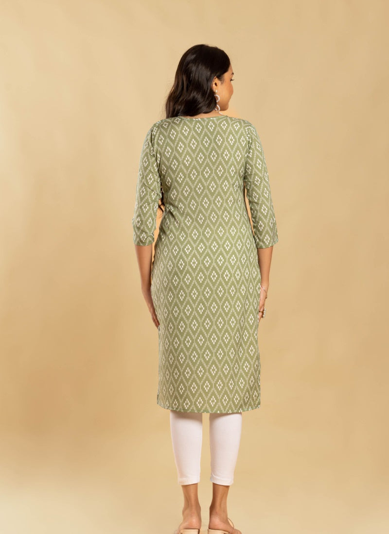 Olive Green Soft Crape Printed Kurti-2