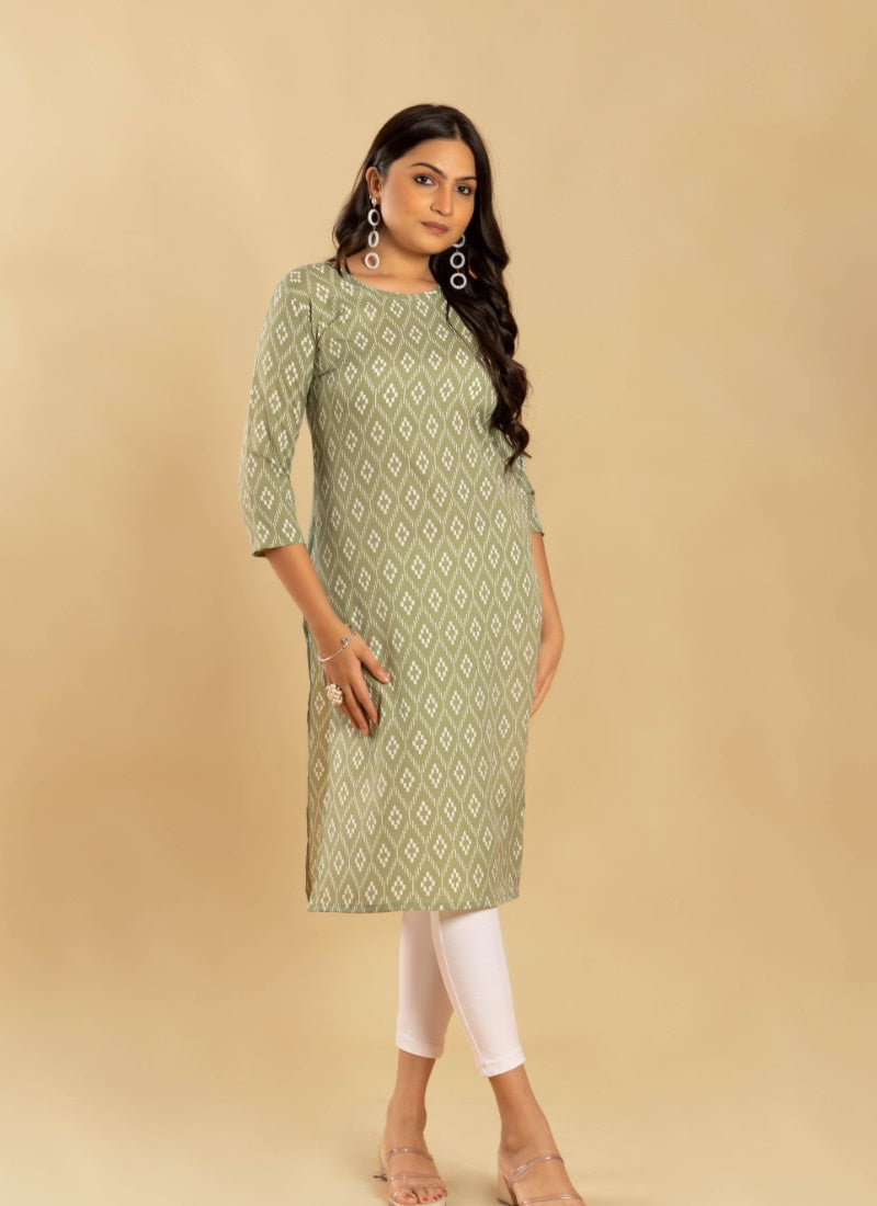 Olive Green Soft Crape Printed Kurti