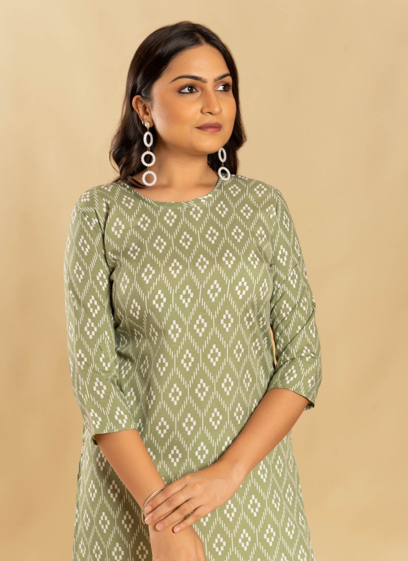 Olive Green Soft Crape Printed Kurti-2