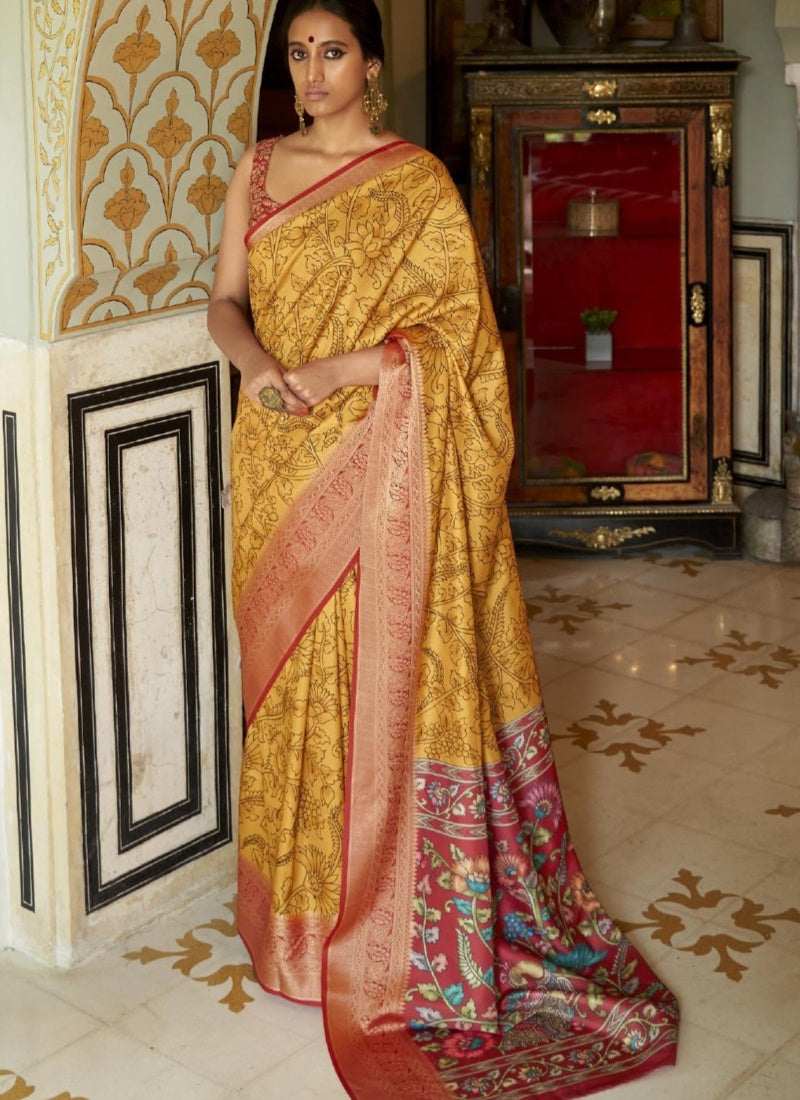 Yellow Tussar Silk Kalamkari Print With Zari Border