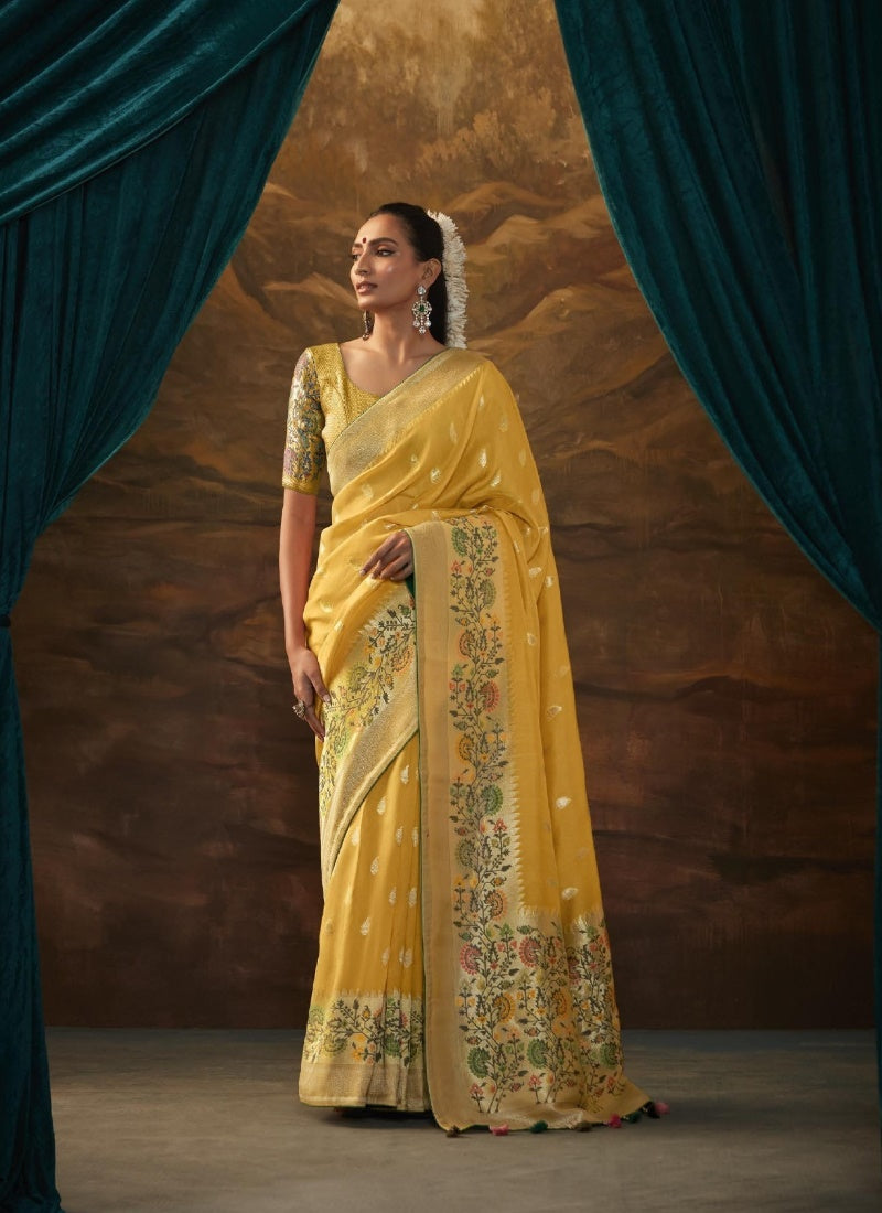 Yellow Banarasi Silk Paithani Saree With Resham Work