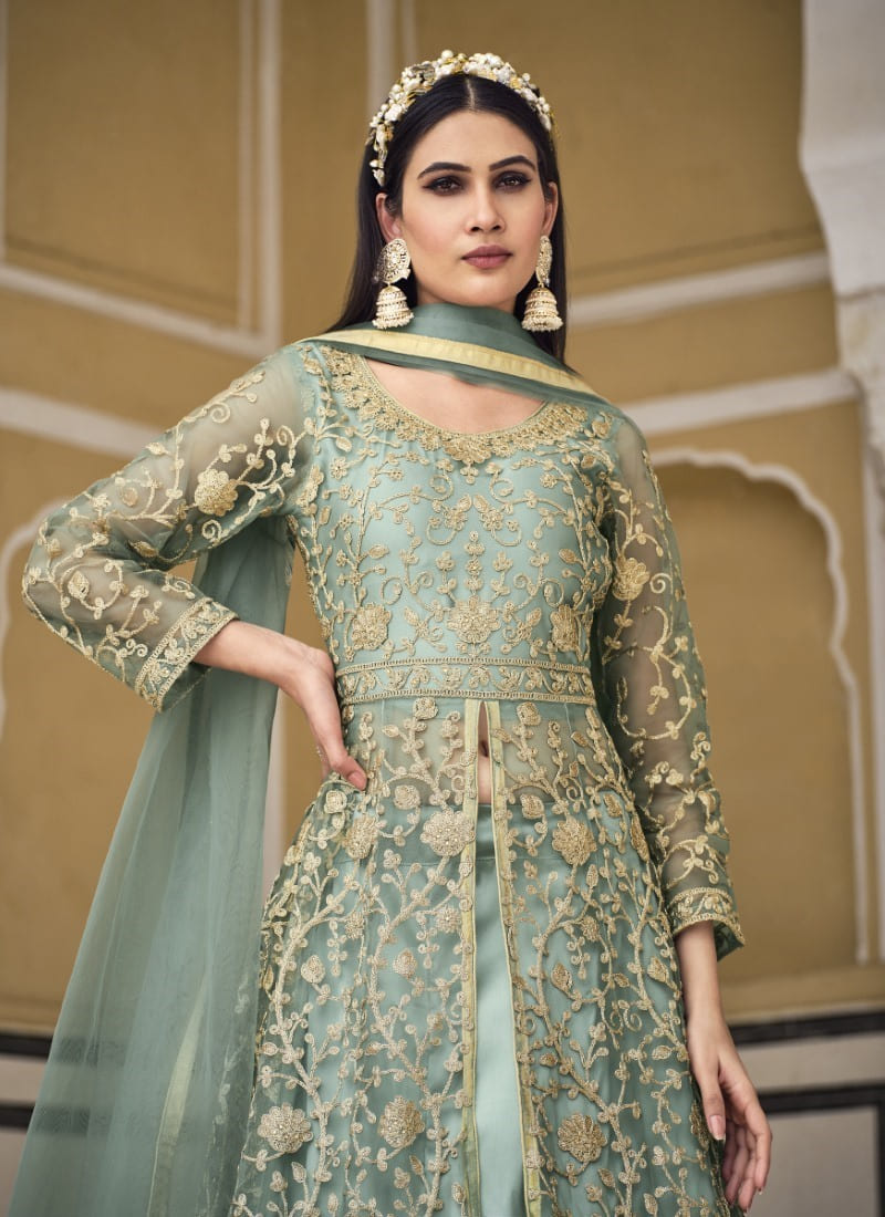 Sea Green Net Indo Western Lehenga Choli With Embroidery and Stone Work-2