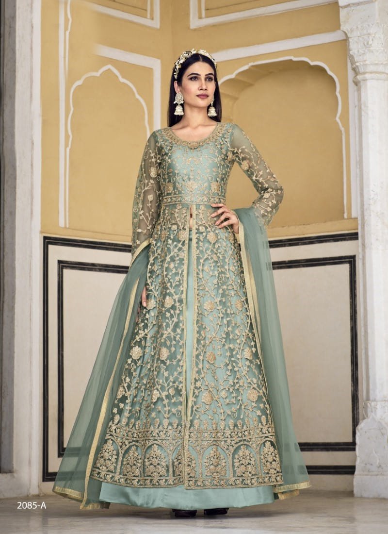 Sea Green Net Indo Western Lehenga Choli With Embroidery and Stone Work