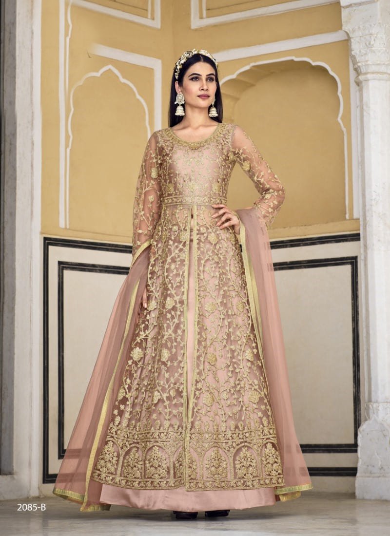 Pink Net Indo Western Lehenga Choli With Embroidery and Stone Work