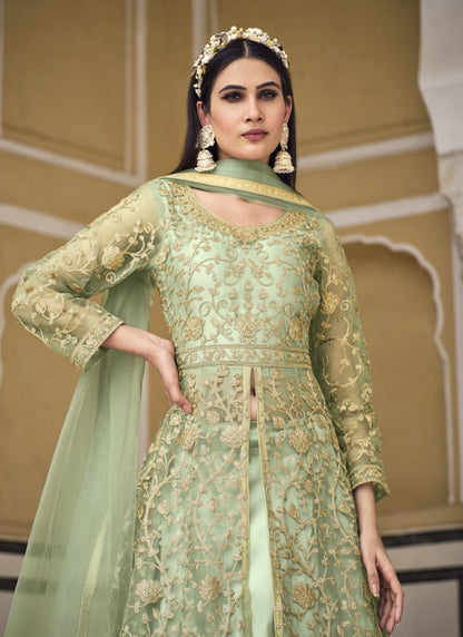 Light Green Net Indo Western Lehenga Choli With Embroidery and Stone Work-2