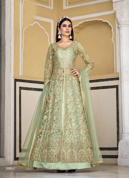 Light Green Net Indo Western Lehenga Choli With Embroidery and Stone Work